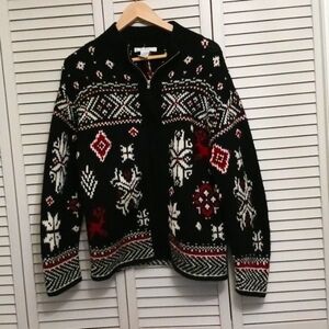 VINTAGE Le Moda 100% Wool Full Zip Sweater Coat, Size S, Winter Cabin Fairisle